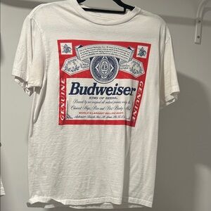 Budweiser White T‑Shirt with Red and Navy Label Graphic